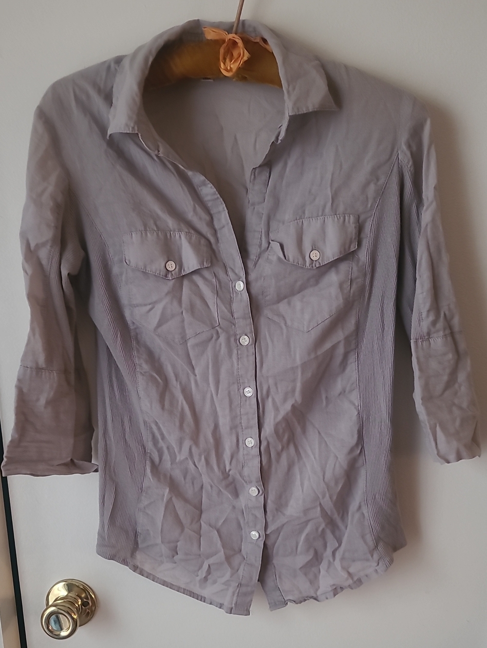 Max Studio Womens Button-Front 100% Cotton Collared Shirt - Light Gray